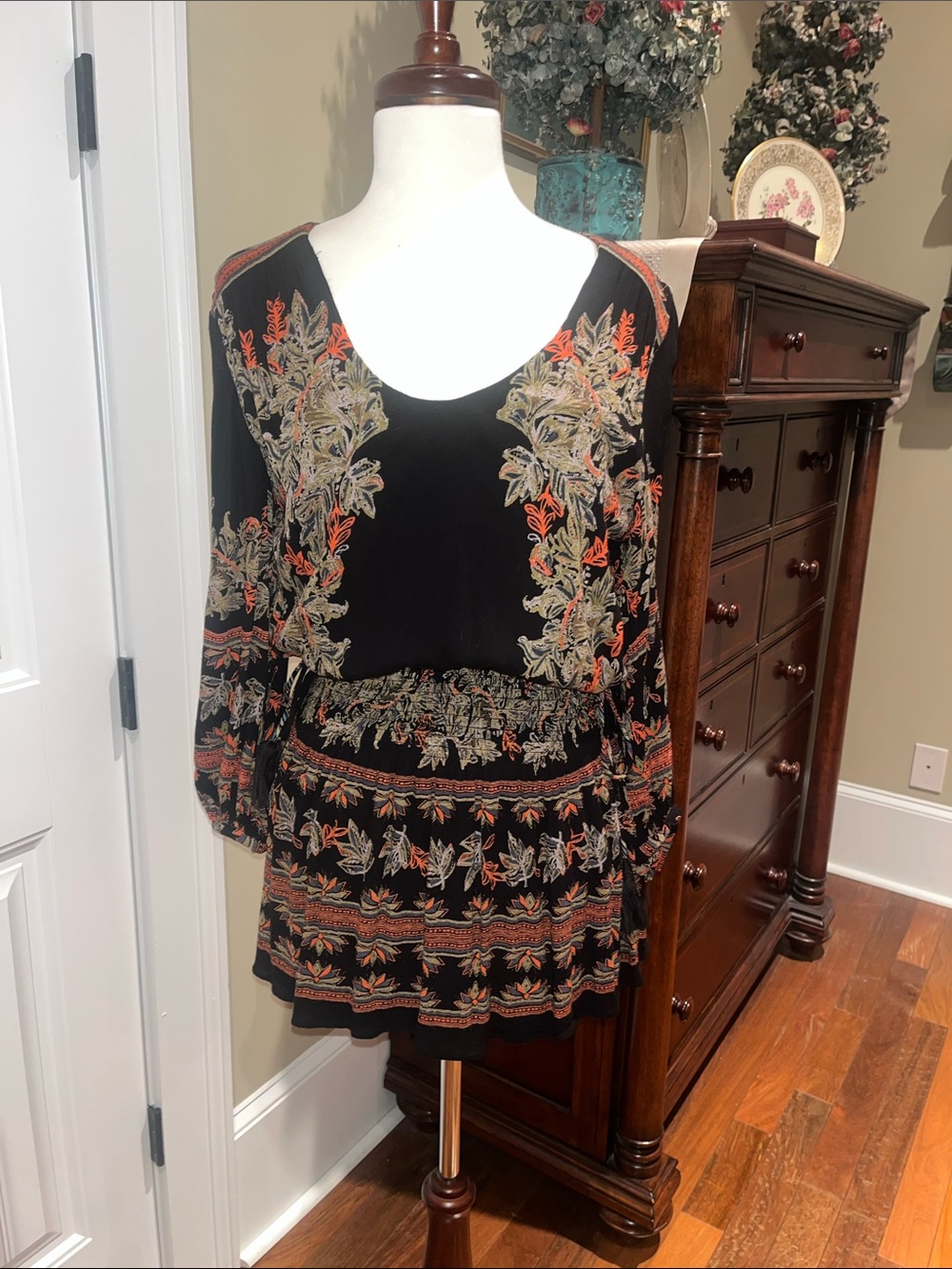 Free People Black Floral Print Dress with Rust and Tan Accents